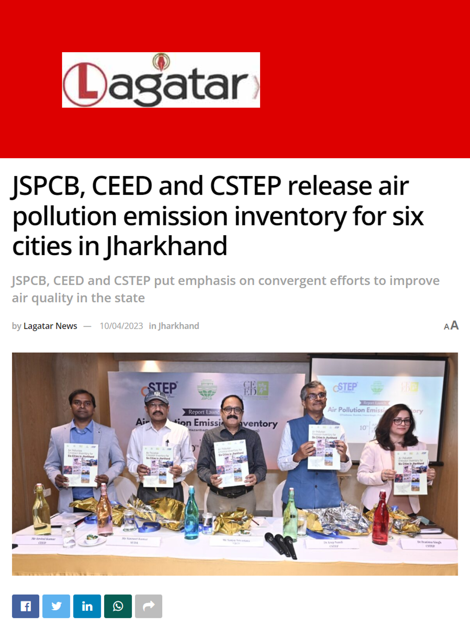 CSTEP’s emission inventory study for Jharkhand featured in Lagatar